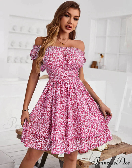 Off The Shoulder Print Dress for Summer S / red