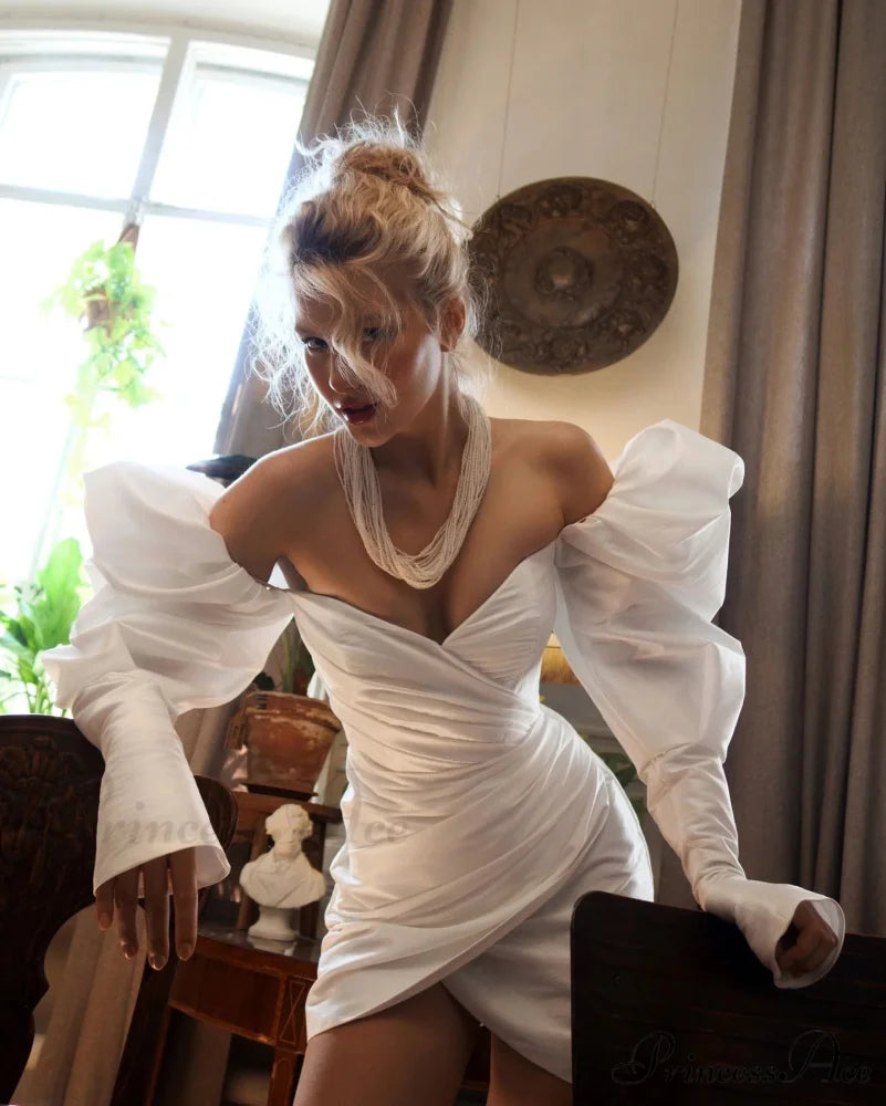 Off-the-Shoulder Ruffled Short Party Dress WHITE