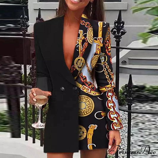 Office Colorblock Patchwork Long Sleeve Blazer Fashion Club Female Sequin Blazer Mini Party Club Vestidos Dress Black