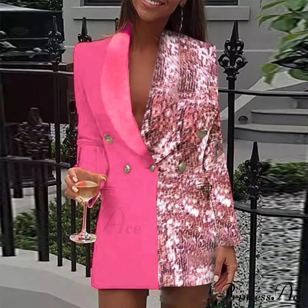 Office Colorblock Patchwork Long Sleeve Blazer Fashion Club Female Sequin Blazer Mini Party Club Vestidos Dress Pink / S