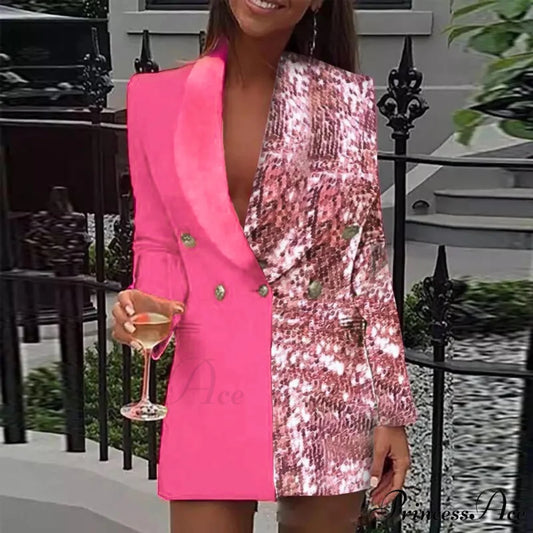 Office Colorblock Patchwork Long Sleeve Blazer Fashion Club Female Sequin Blazer Mini Party Club Vestidos Dress Pink / S