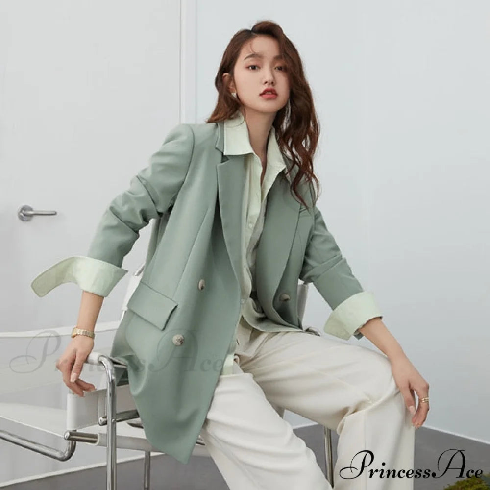 Office Ladies Casual White Blazer green / XS