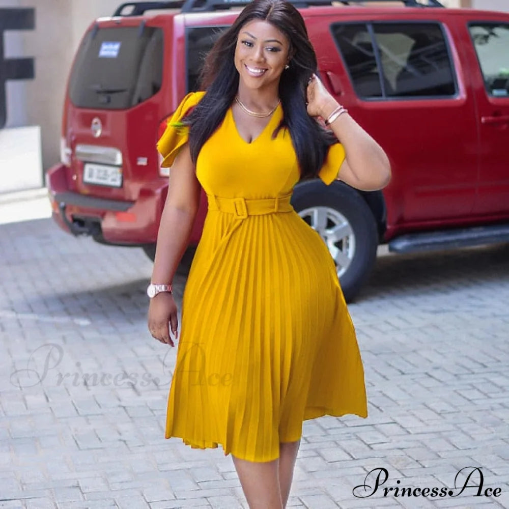 Office Ladies Elegant Classy Robes Vestidos Dress Yellow / S