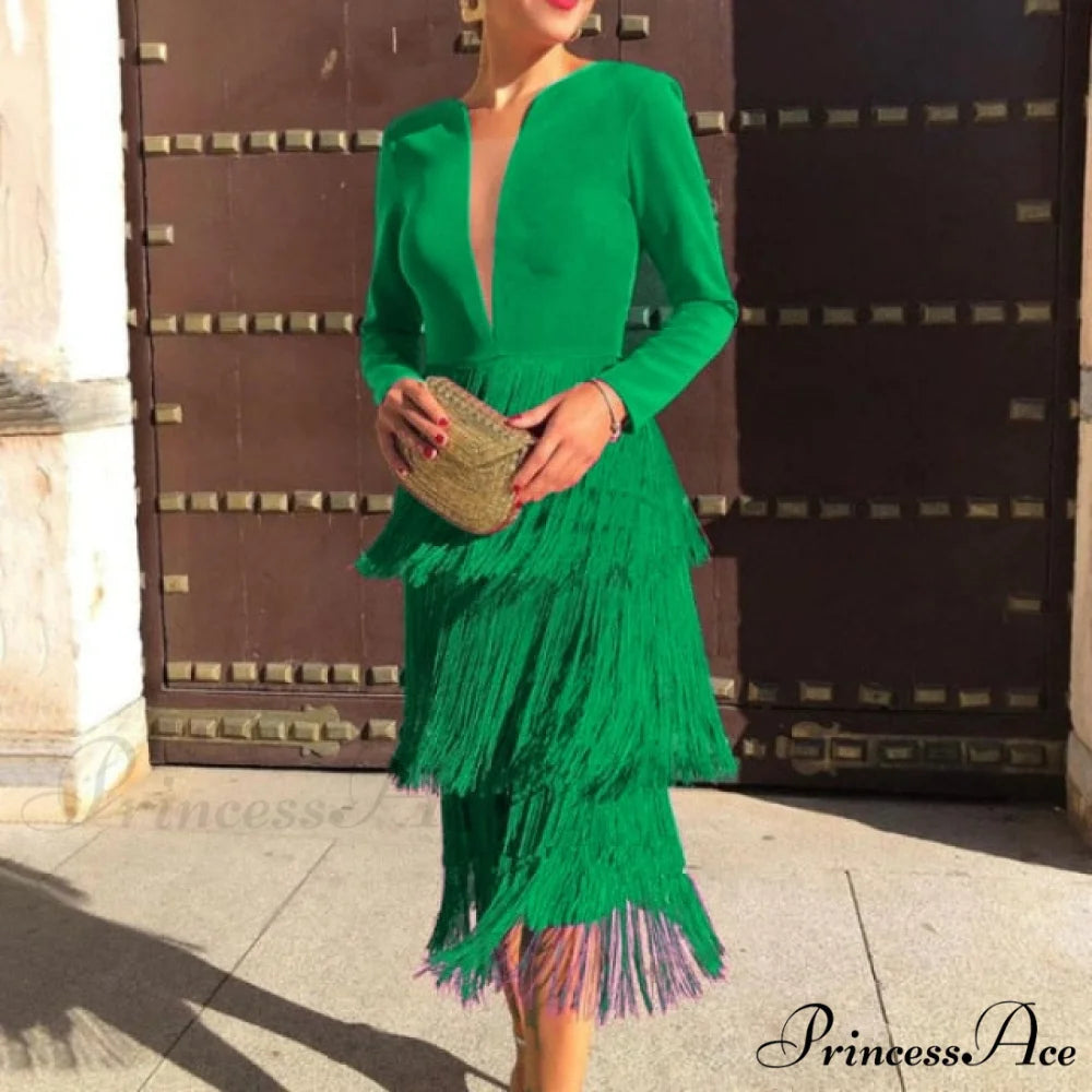 Office Ladies New Rose Red Fringe Sexy Dress green / XL