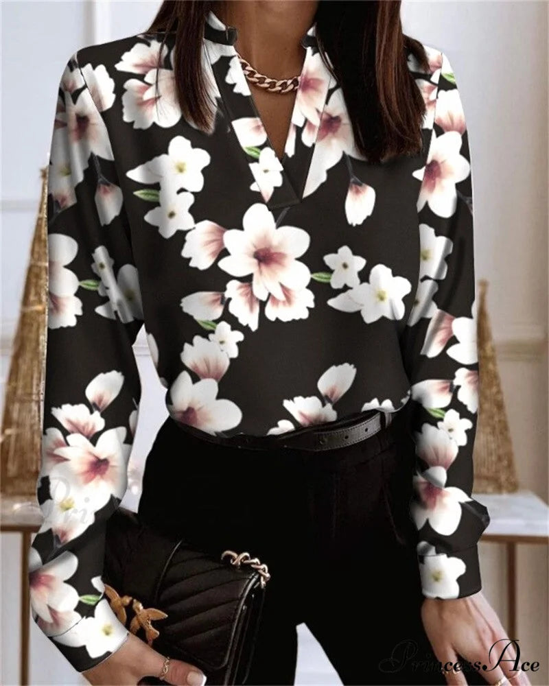 Office Lady Chain Printed Pullover Blouse Black white / S