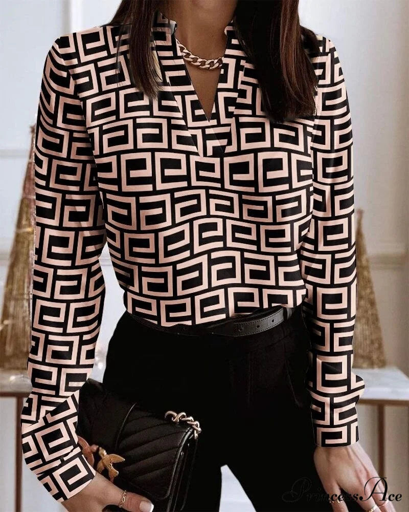 Office Lady Chain Printed Pullover Blouse Geometry / S