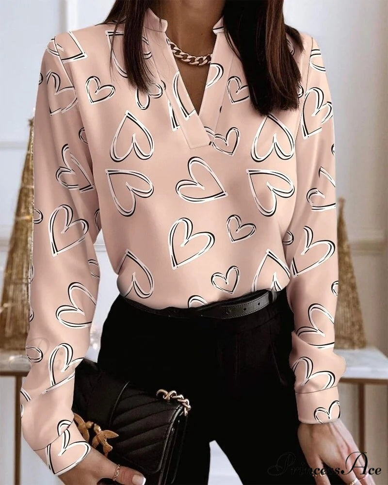Office Lady Chain Printed Pullover Blouse Love / S