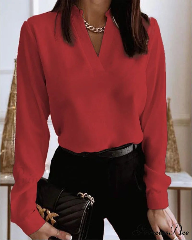 Office Lady Chain Printed Pullover Blouse Red / S