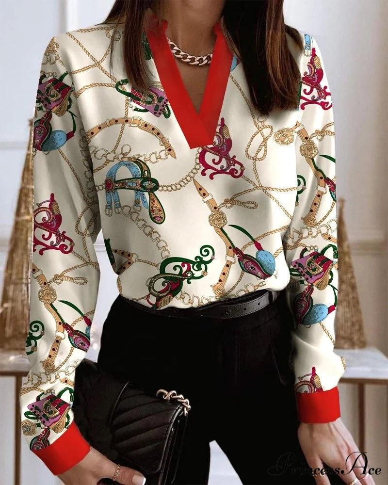 Office Lady Chain Printed Pullover Blouse chain / S