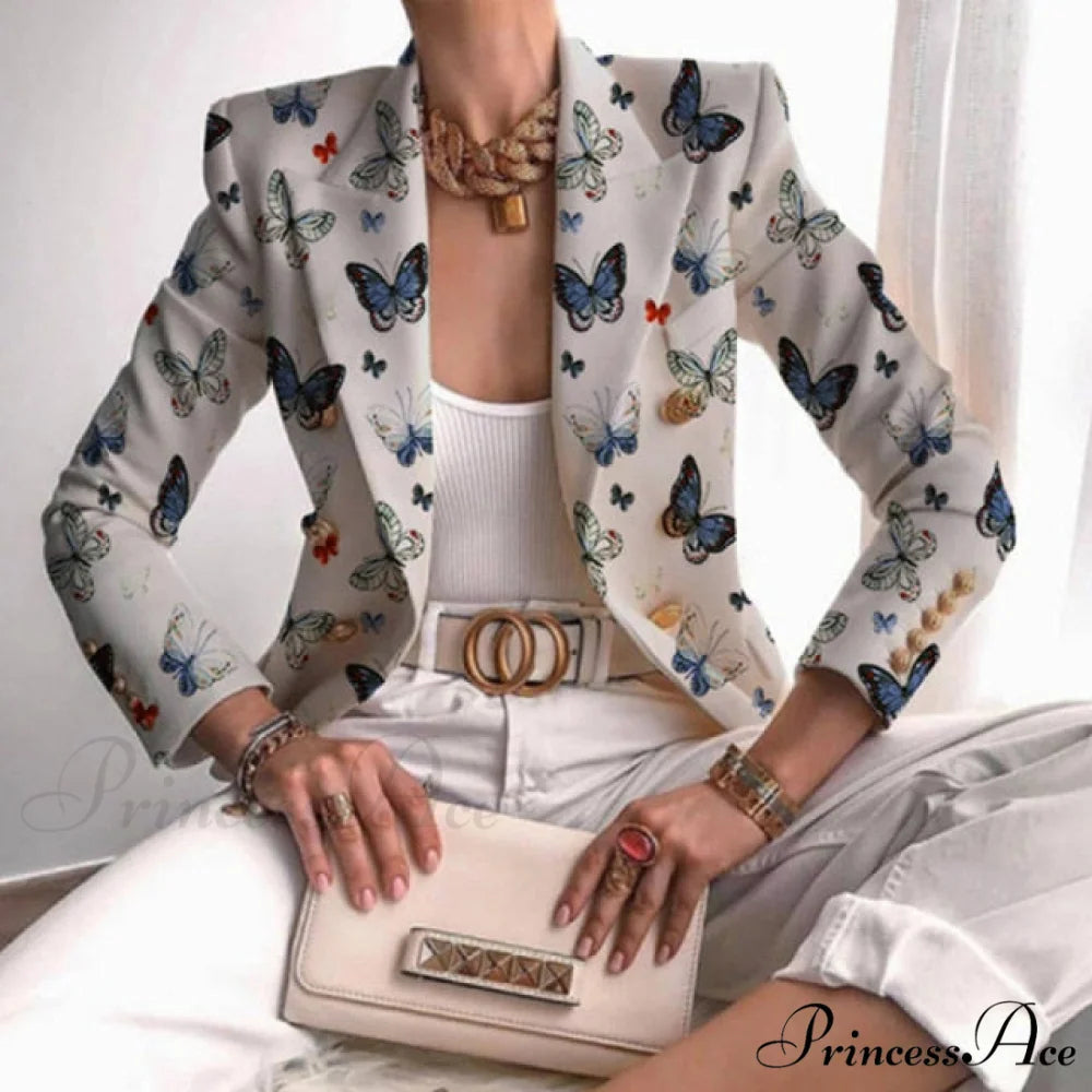 Office Lady Elegant Butterfly Print Blazer 03 Butterfly Print / S