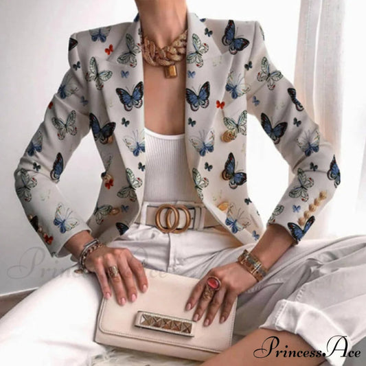 Office Lady Elegant Butterfly Print Blazer 03 Butterfly Print / S