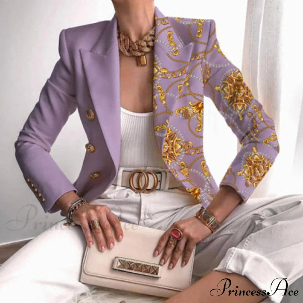 Office Lady Elegant Comfy Butterfly Print Blazer Purple / S