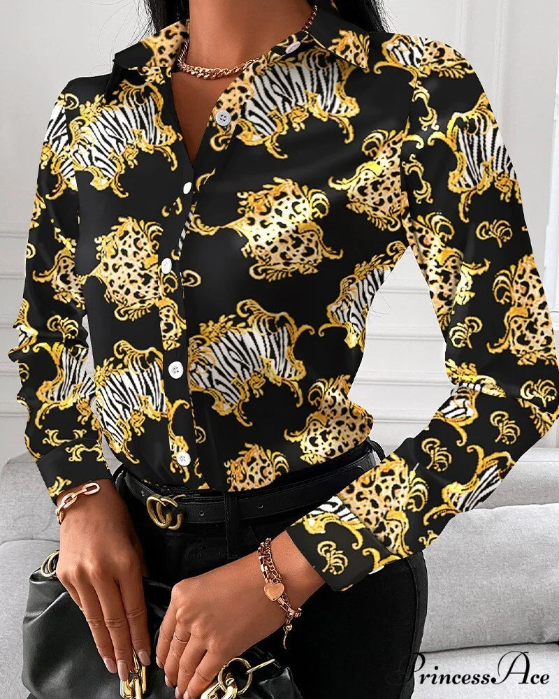 Office Lady Print Button Shirts 9 / S