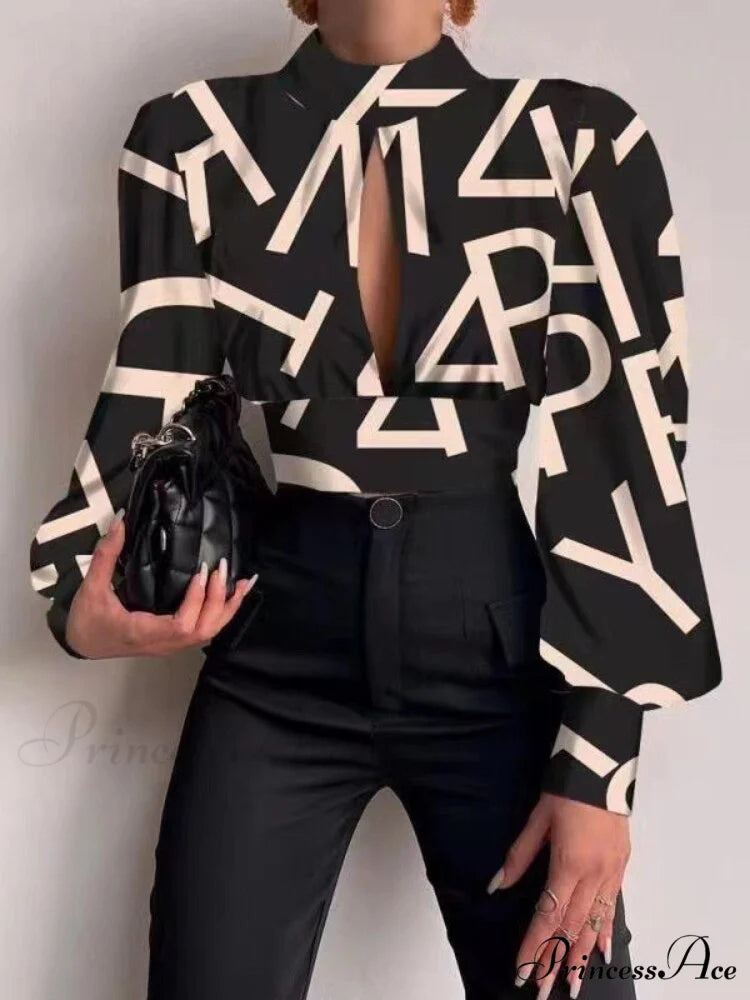 Office LadySlim Stand Collar Long Sleeve Blouse Black 1 / S