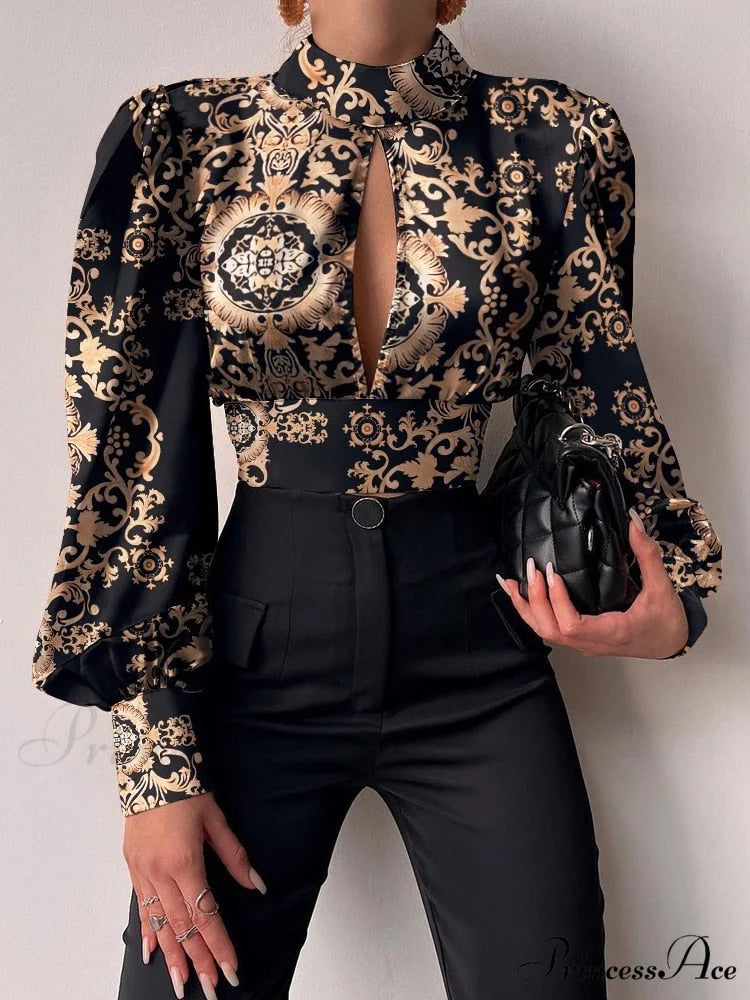 Office LadySlim Stand Collar Long Sleeve Blouse Black flower / S