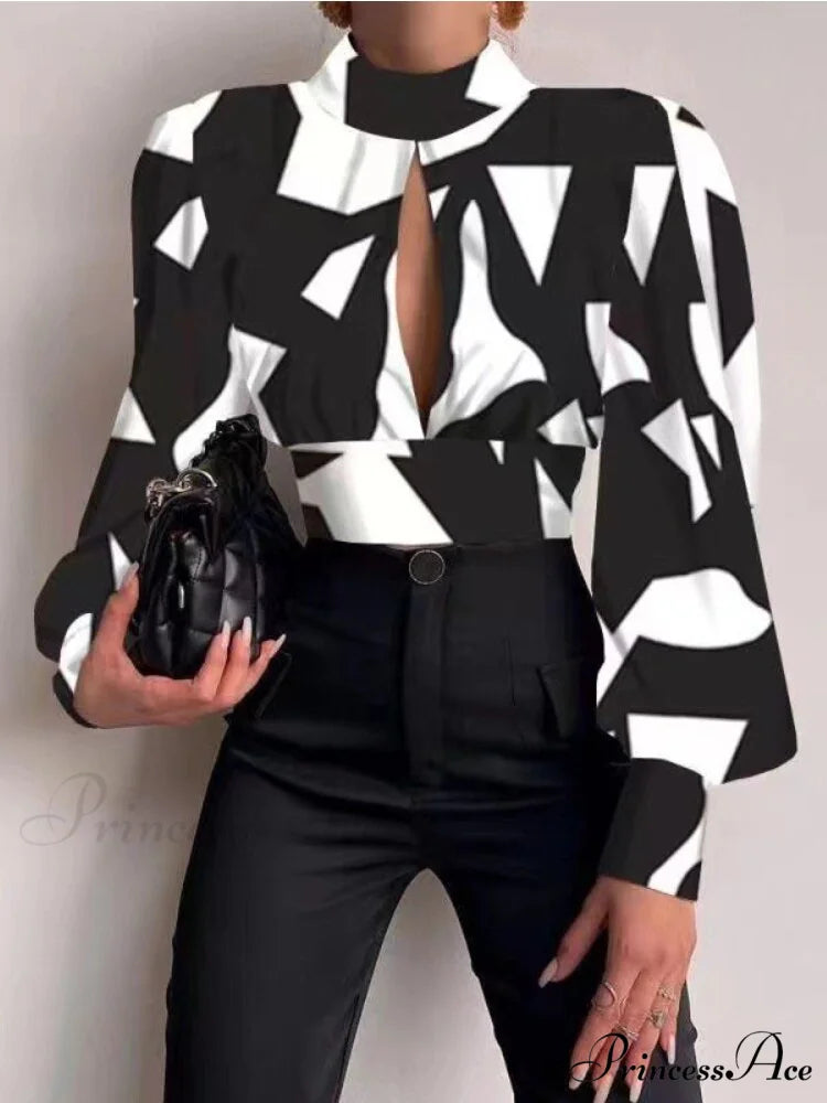 Office LadySlim Stand Collar Long Sleeve Blouse Black / S