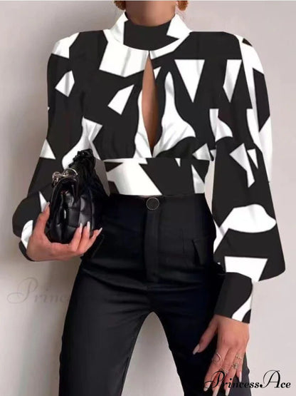 Office LadySlim Stand Collar Long Sleeve Blouse Black / S