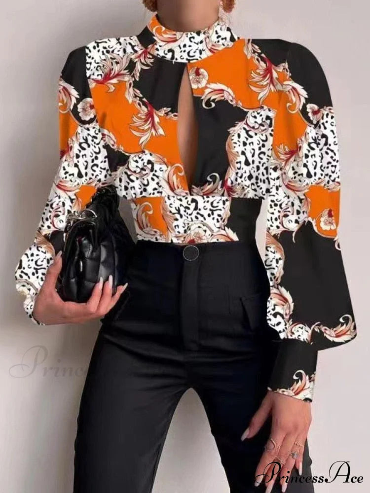 Office LadySlim Stand Collar Long Sleeve Blouse Orange / S