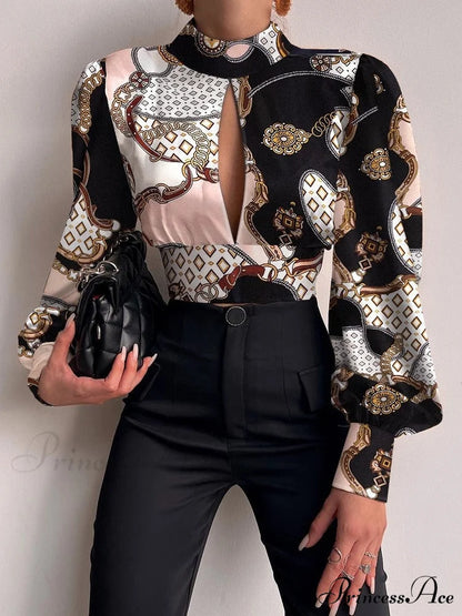Office LadySlim Stand Collar Long Sleeve Blouse Pink flower / S