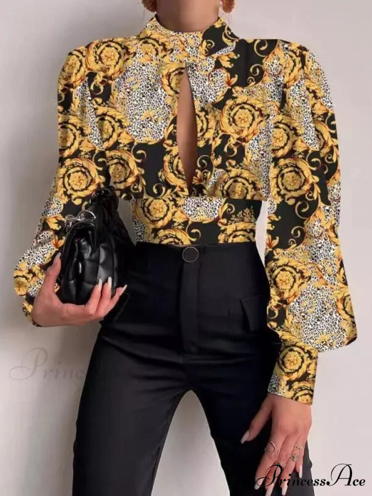 Office LadySlim Stand Collar Long Sleeve Blouse Yellow / S