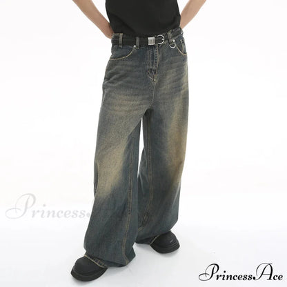 Old Male Pants Summer Blue Washed Denim Casual Menwear Wide Leg Trousers 2024 New Fashion Jeans