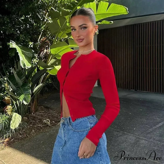 One Button Round Neck Full Sleeve Cropped Knit Cardigan cardiagn-250126