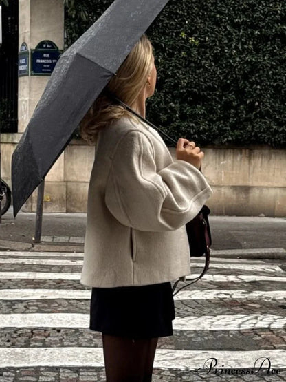 One-Button Woolen O-neck Coat
