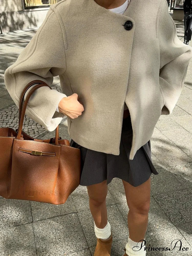 One-Button Woolen O-neck Coat