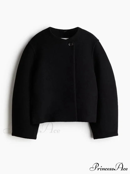 One-Button Woolen O-neck Coat Black / S