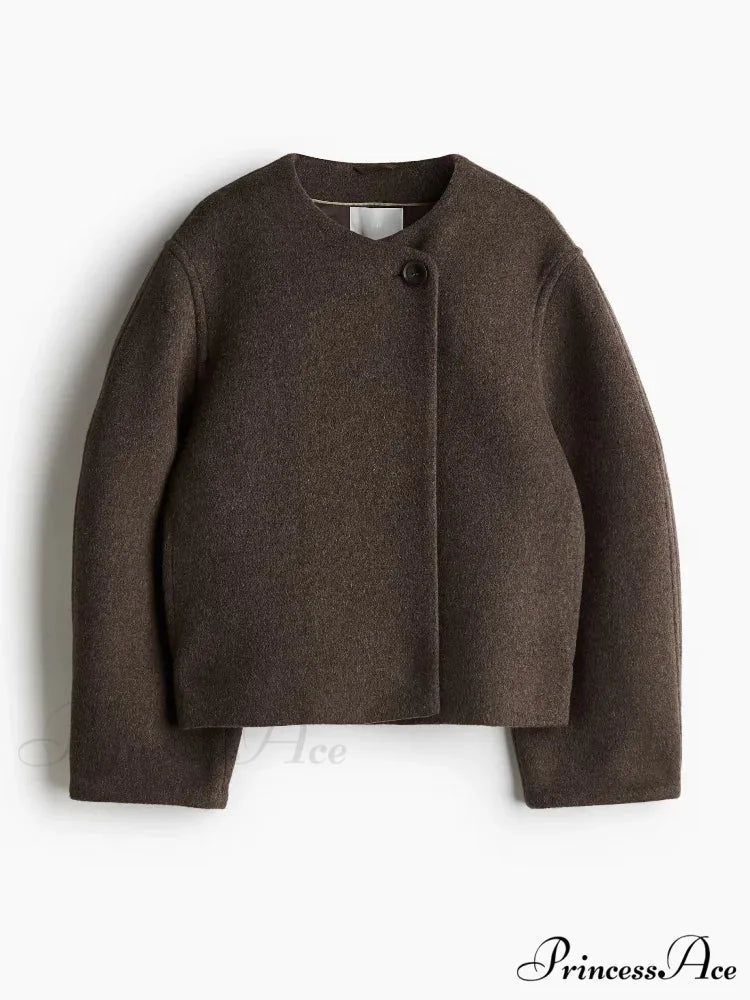 One-Button Woolen O-neck Coat coffee / S