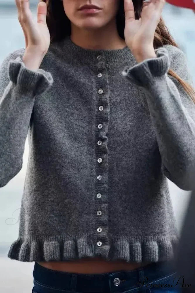 One Buttoned Frilled Circular Neck Cardigan Dark Grey / S cardigans-241228