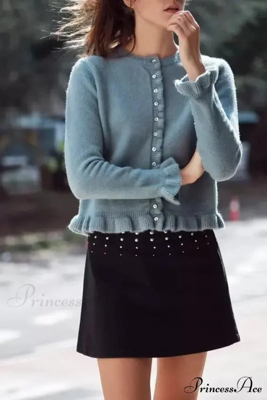 One Buttoned Frilled Circular Neck Cardigan SKY BLUE / S cardigans-241228