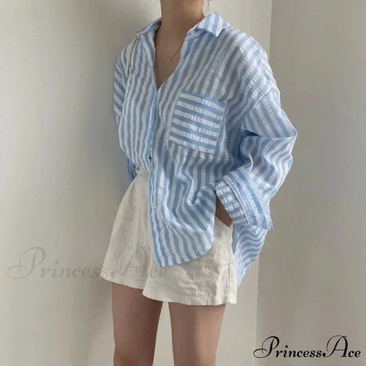 One-Buttoned Striped Lapel Collar Top blouse-250223