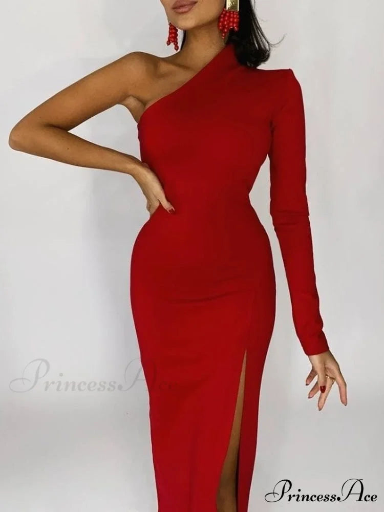 One Full-Length Warm-Season Women’s Elegant Gown Shoulder - Black Red / XS