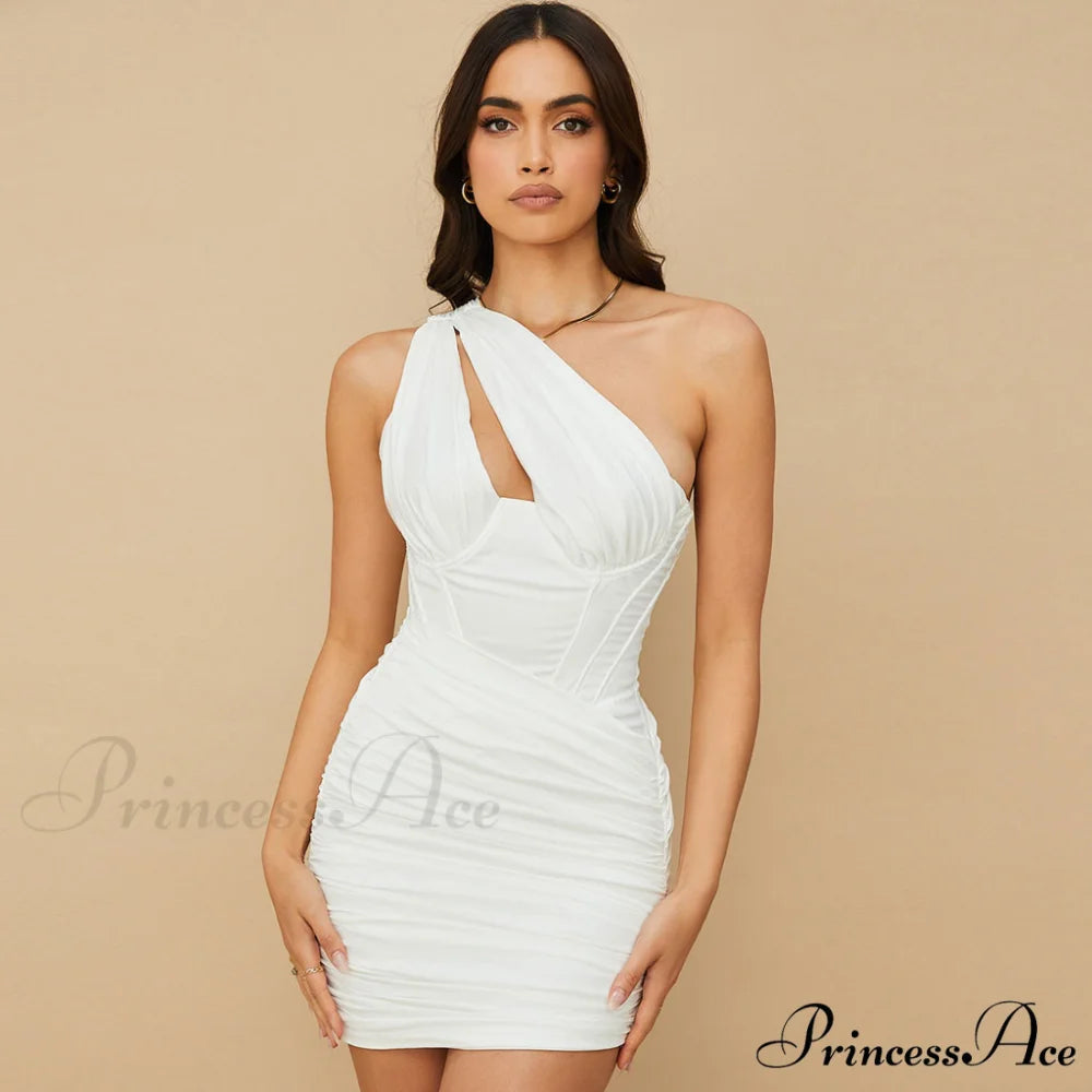One Shoulder Cut Out Ruched Classic Mesh Party Mini Dress - Green S / White