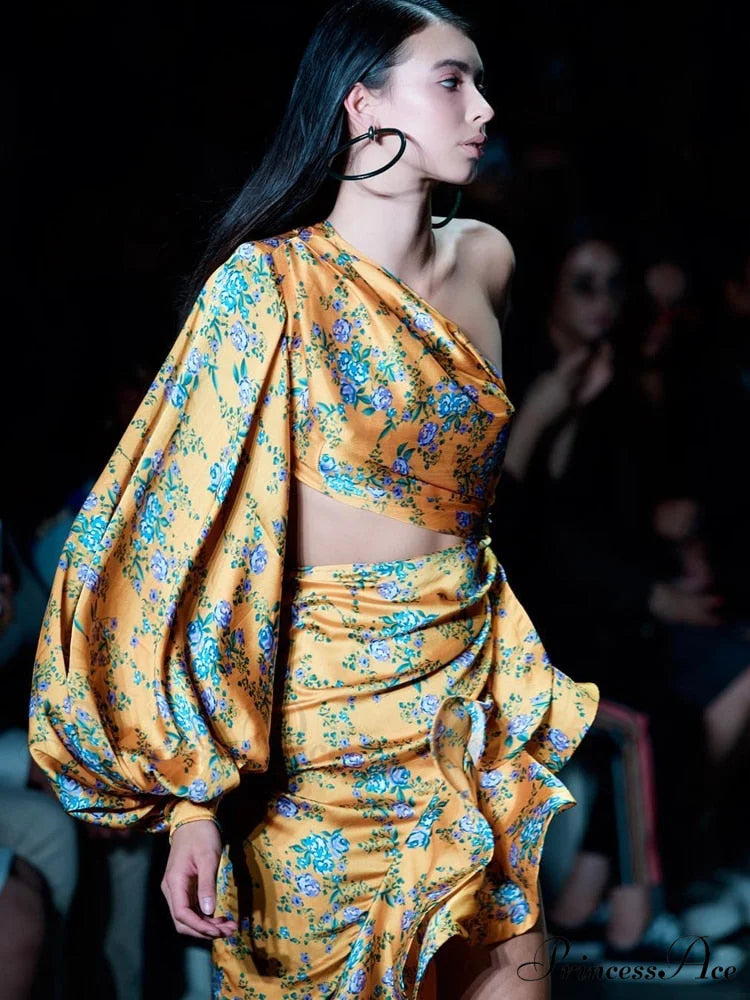 One Shoulder Cut Out Ruffle Long Dress