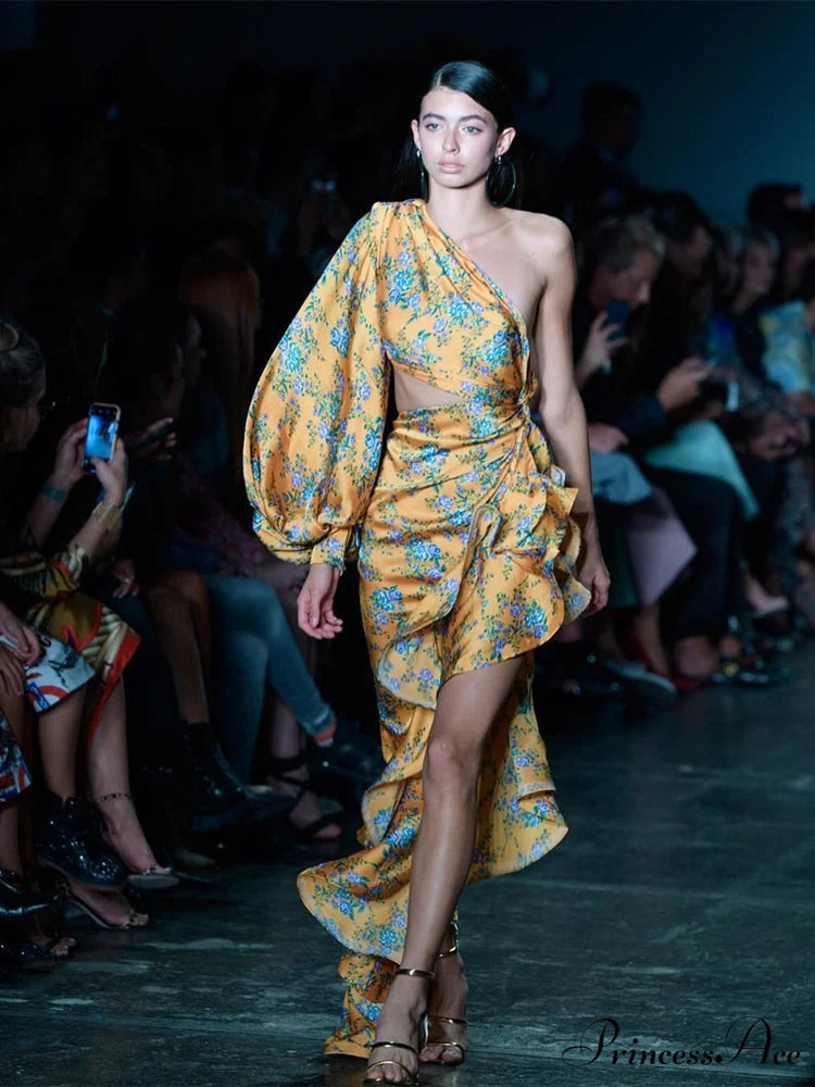 One Shoulder Cut Out Ruffle Long Dress