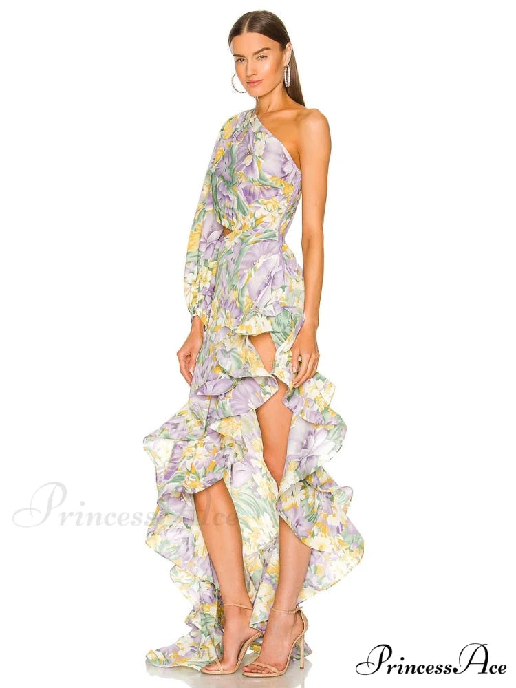 One Shoulder Cut Out Ruffle Long Dress