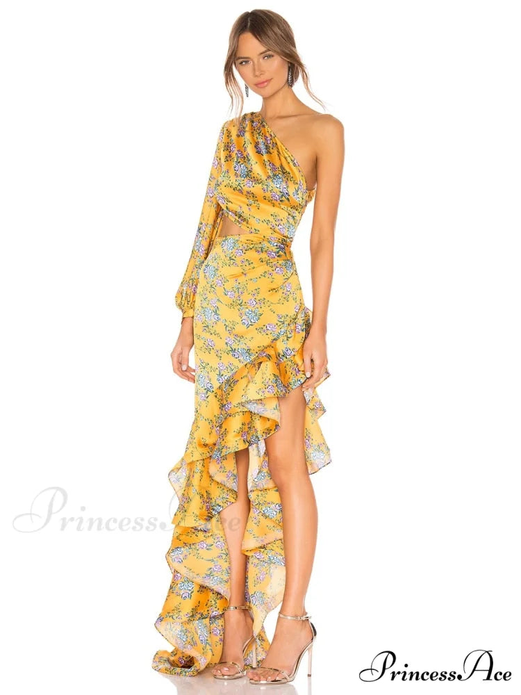 One Shoulder Cut Out Ruffle Long Dress