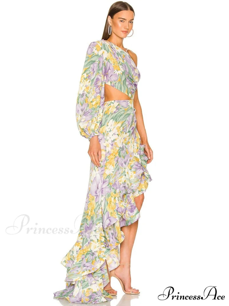 One Shoulder Cut Out Ruffle Long Dress
