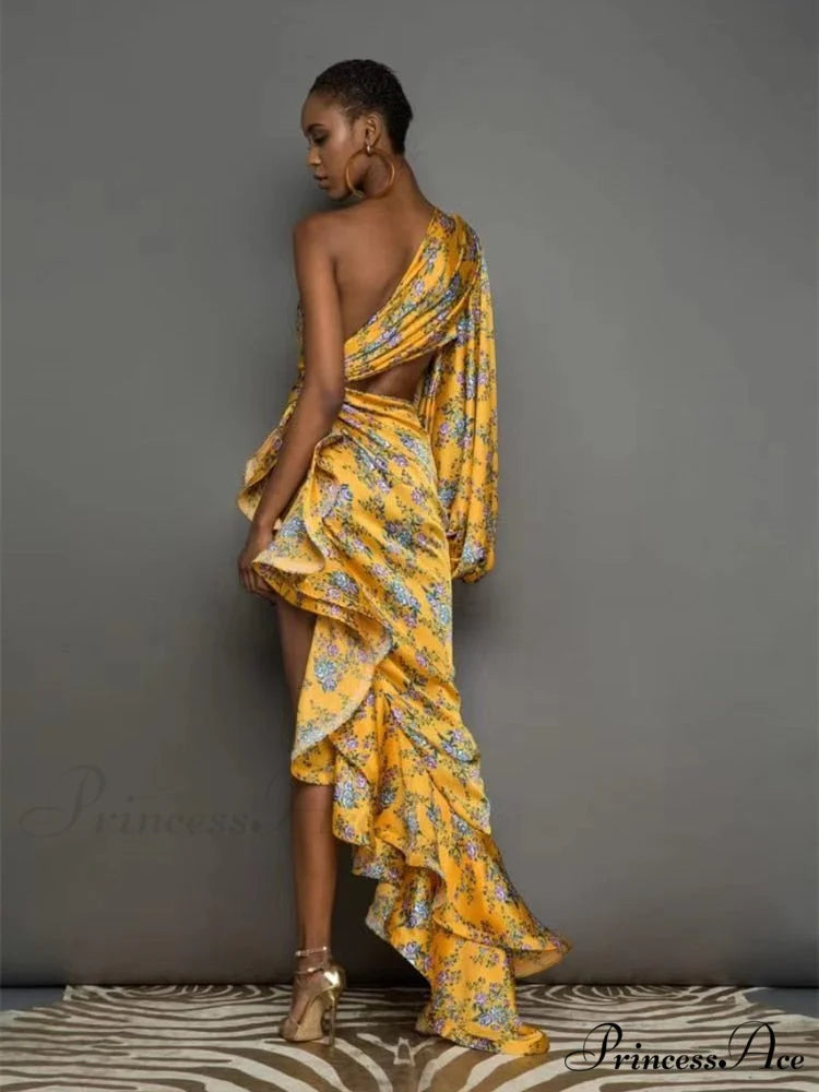 One Shoulder Cut Out Ruffle Long Dress