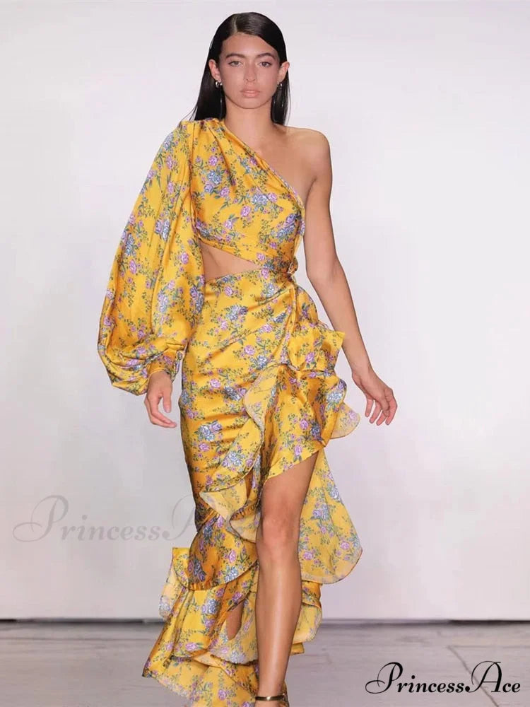 One Shoulder Cut Out Ruffle Long Dress