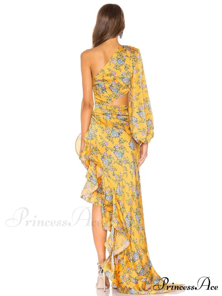 One Shoulder Cut Out Ruffle Long Dress