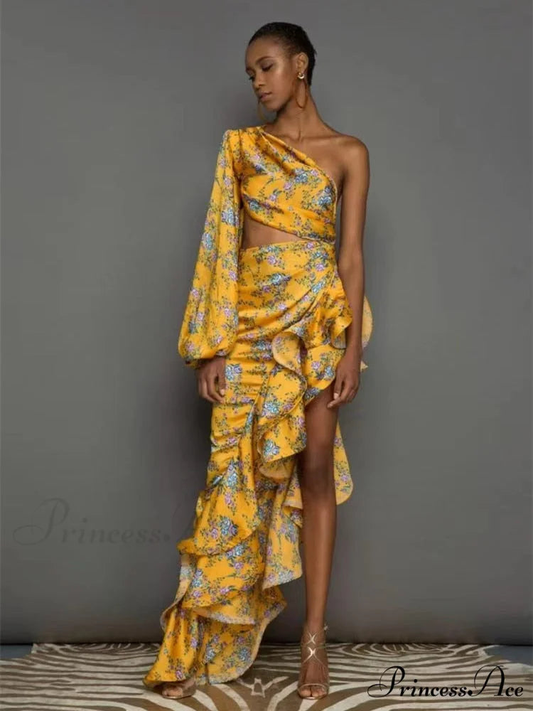 One Shoulder Cut Out Ruffle Long Dress