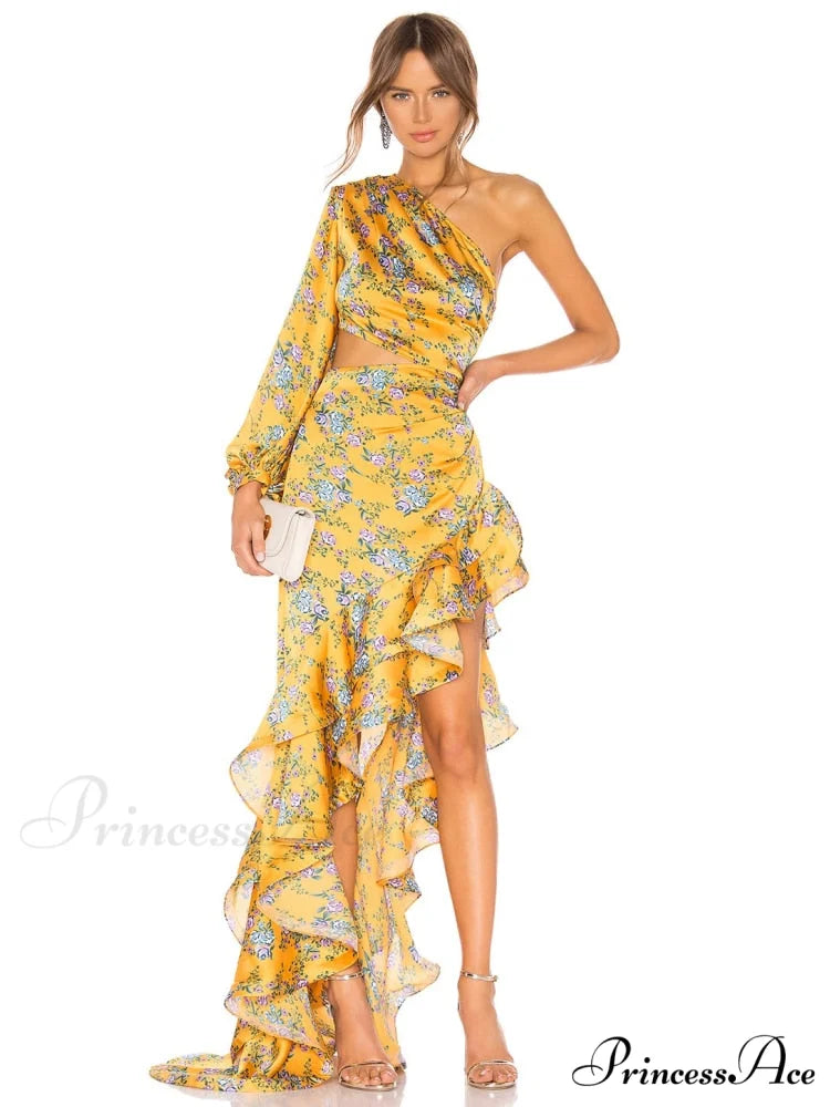 One Shoulder Cut Out Ruffle Long Dress color 1 / XS