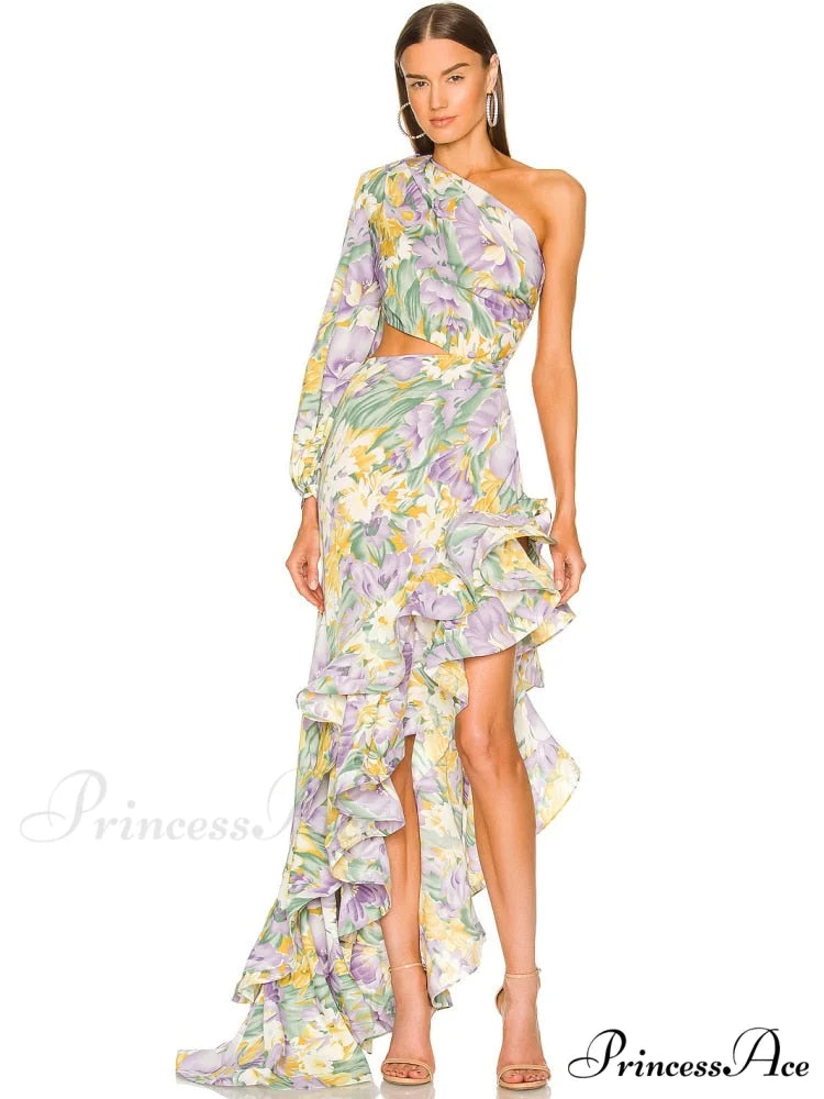 One Shoulder Cut Out Ruffle Long Dress color 2 / XS