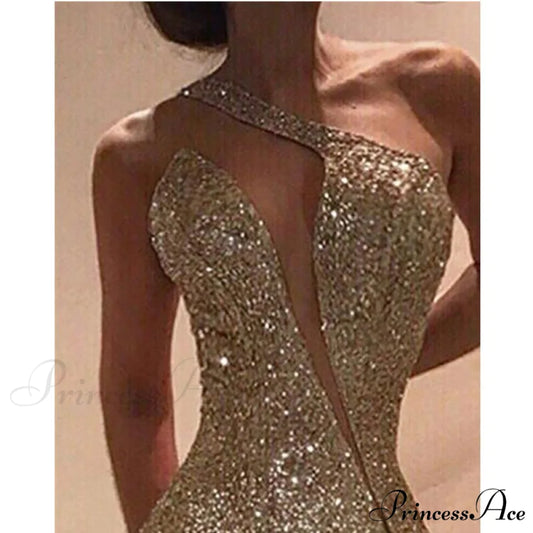 One Shoulder Cut Out Slit Bodycon Sequin Dress