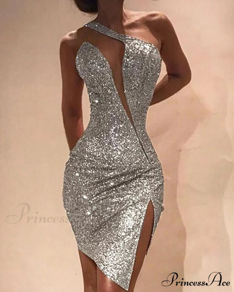 One Shoulder Cut Out Slit Bodycon Sequin Dress Silver / S