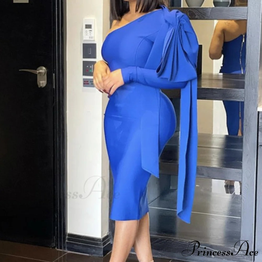 One Shoulder Elegant Bodycon Midi Dress Blue / XL