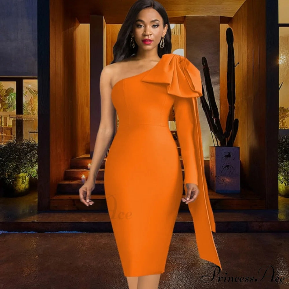 One Shoulder Elegant Bodycon Midi Dress Orange / XL